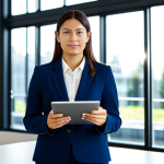 A professional, diverse businesswoman in a modest, dark blue business suit, standing in a brightly lit modern office. She is holding a tablet displaying eco-certification data and looking thoughtfully at a product with a clearly visible, generic eco-label symbol on a table. The background features blurred office equipment and large windows with natural light. The scene conveys trust, transparency, and a discerning approach to sustainability. fully clothed, appropriate attire, safe for work, professional, perfect anatomy, correct proportions, natural pose, well-formed hands, proper finger count, natural body proportions, professional photography, high quality.