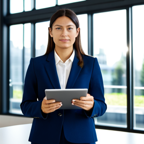 A professional, diverse businesswoman in a modest, dark blue business suit, standing in a brightly lit modern office. She is holding a tablet displaying eco-certification data and looking thoughtfully at a product with a clearly visible, generic eco-label symbol on a table. The background features blurred office equipment and large windows with natural light. The scene conveys trust, transparency, and a discerning approach to sustainability. fully clothed, appropriate attire, safe for work, professional, perfect anatomy, correct proportions, natural pose, well-formed hands, proper finger count, natural body proportions, professional photography, high quality.