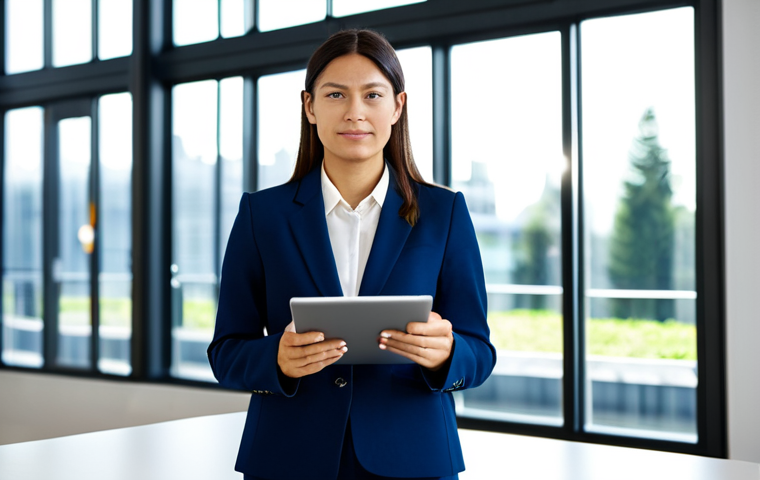 A professional, diverse businesswoman in a modest, dark blue business suit, standing in a brightly lit modern office. She is holding a tablet displaying eco-certification data and looking thoughtfully at a product with a clearly visible, generic eco-label symbol on a table. The background features blurred office equipment and large windows with natural light. The scene conveys trust, transparency, and a discerning approach to sustainability. fully clothed, appropriate attire, safe for work, professional, perfect anatomy, correct proportions, natural pose, well-formed hands, proper finger count, natural body proportions, professional photography, high quality.