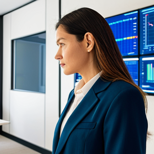 **Prompt:** A professional female sustainability consultant, mid-30s, dressed in a modest business suit, standing in a sleek, modern tech office. She is thoughtfully reviewing data displayed on large, transparent screens that show interconnected graphs and blockchain ledger visuals, illustrating supply chain transparency and AI-driven eco-optimization. The office interior is minimalist, well-lit with diffused natural light, and evokes innovation and environmental consciousness. Professional photography, high resolution, safe for work, appropriate content, fully clothed, professional dress, perfect anatomy, correct proportions, natural pose, well-formed hands, proper finger count, natural body proportions.
