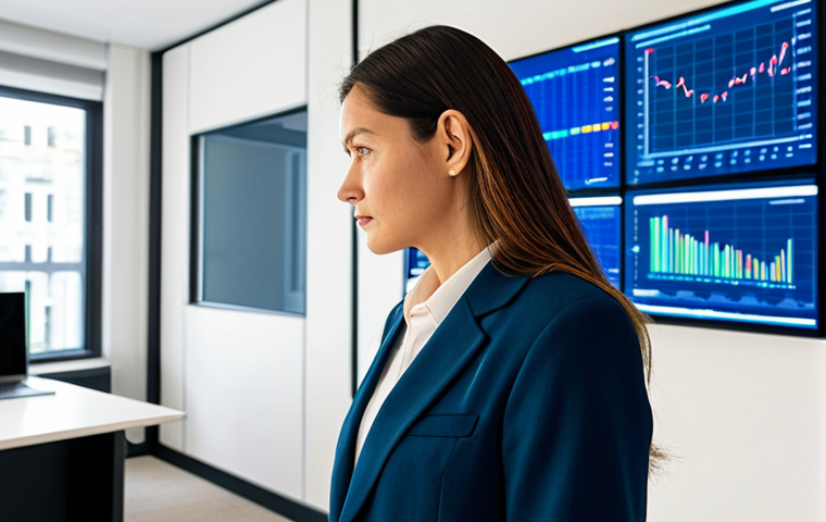 **Prompt:** A professional female sustainability consultant, mid-30s, dressed in a modest business suit, standing in a sleek, modern tech office. She is thoughtfully reviewing data displayed on large, transparent screens that show interconnected graphs and blockchain ledger visuals, illustrating supply chain transparency and AI-driven eco-optimization. The office interior is minimalist, well-lit with diffused natural light, and evokes innovation and environmental consciousness. Professional photography, high resolution, safe for work, appropriate content, fully clothed, professional dress, perfect anatomy, correct proportions, natural pose, well-formed hands, proper finger count, natural body proportions.
