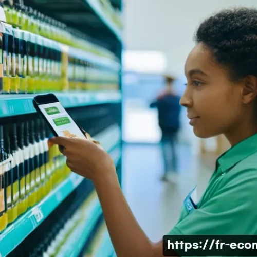 친환경 마케팅 역량 강화를 위한 공부법 - The central figure, a young woman with a thoughtful expression, is holding a product package. The pa...