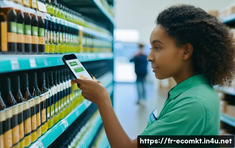 친환경 마케팅 역량 강화를 위한 공부법 - The central figure, a young woman with a thoughtful expression, is holding a product package. The pa...