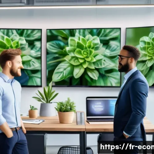 친환경 마케팅 실무 성과 측정 - A modern corporate marketing team in a bright, eco-friendly office setting, analyzing digital dashbo...