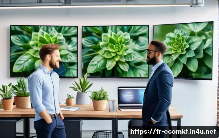 친환경 마케팅 실무 성과 측정 - A modern corporate marketing team in a bright, eco-friendly office setting, analyzing digital dashbo...