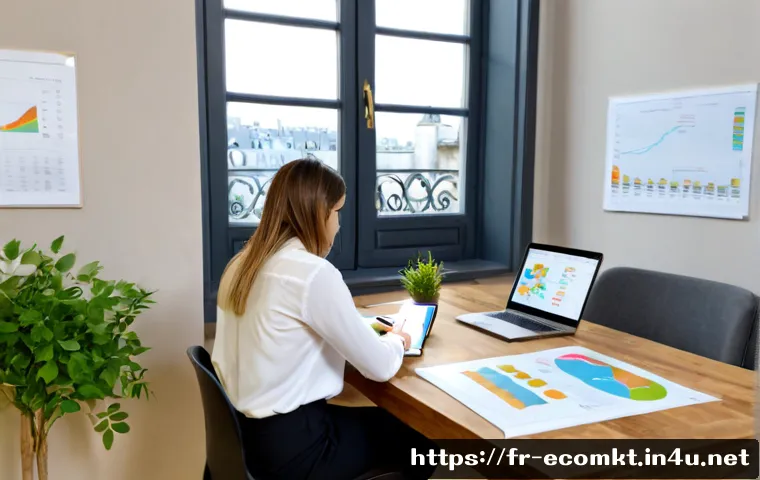 Home 17 친환경 마케터의 업무 평가 방법 - Photorealistic sustainable marketing performance review in a bright modern French office, an eco-con...